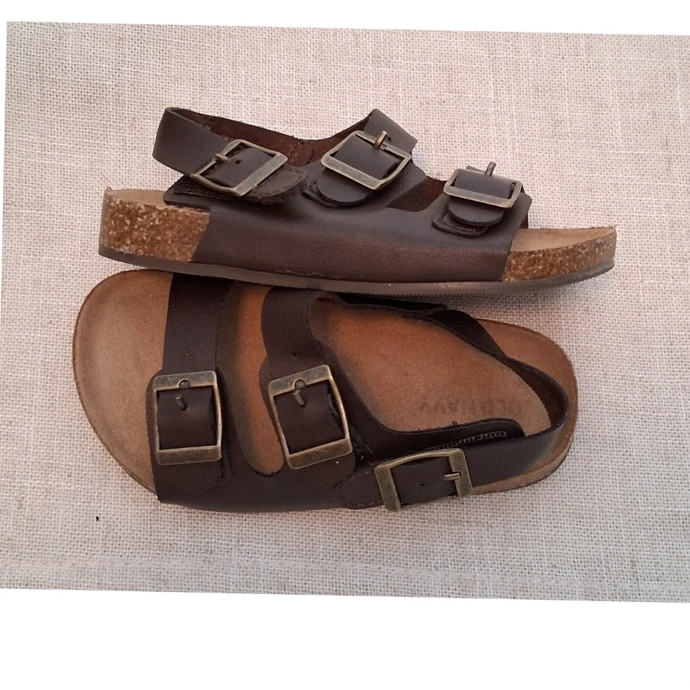 Old Navy Toddler Boys Brown Double Strap Earth Sandals Size 7 Brass Buckles
